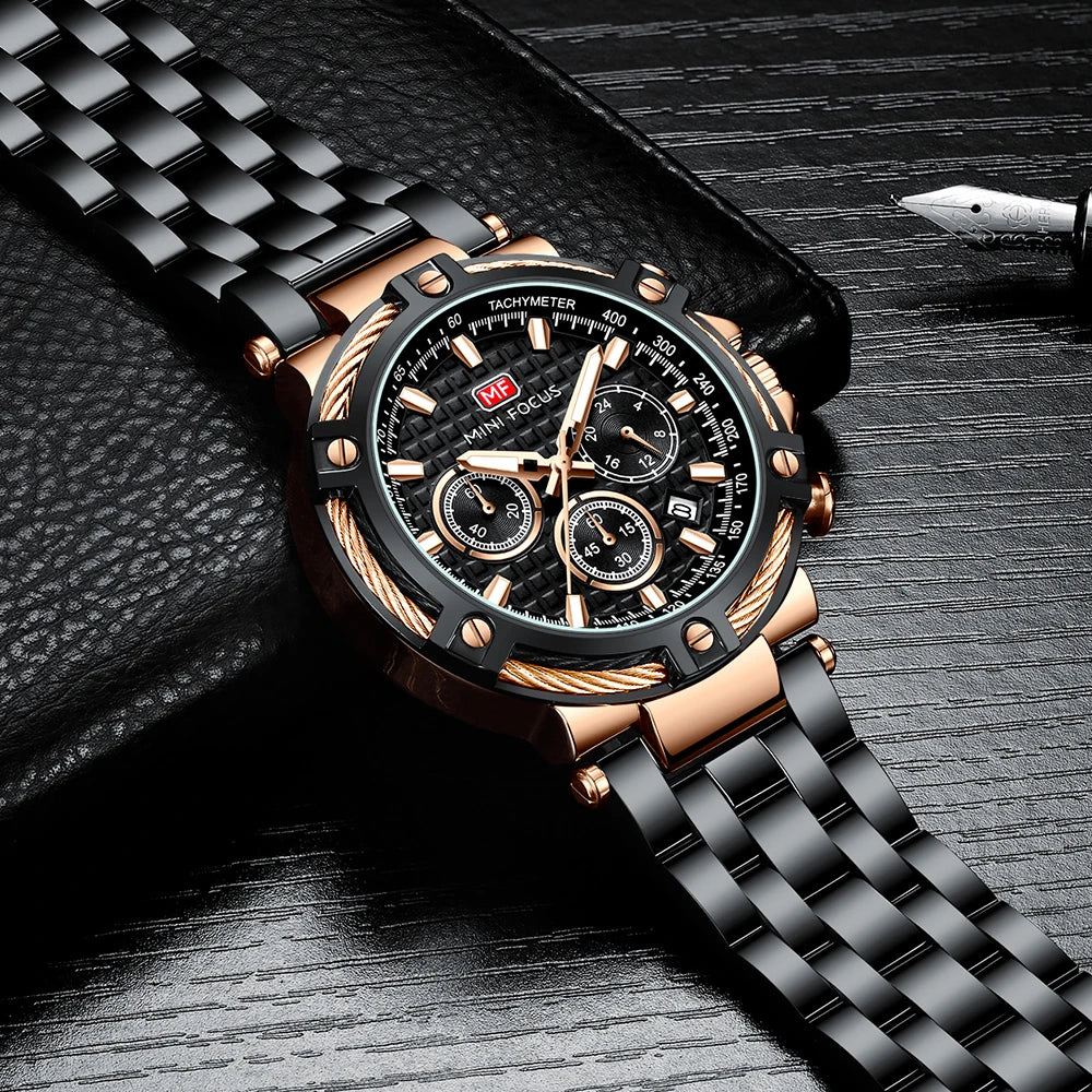 MINIFOCUS Men's Luxury Business Casual Watch Waterproof Quartz Wristwatch Luminous Stainless Steel Fashion Chronograph for Work