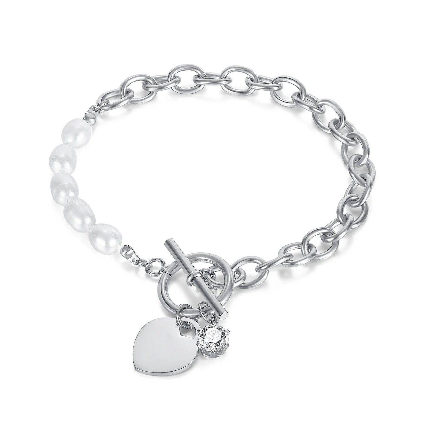 Elegant Women's Stainless Steel Bracelet with Freshwater Pearls and Heart Zircon – INS Style Titanium Jewelry