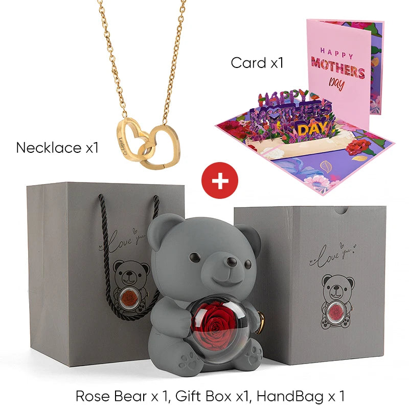 2025 New Beautiful 3D Mother's Day Card Roses Teddy Bear and Necklace Best Personalized Unique Mother’s Day Gifts for Mom