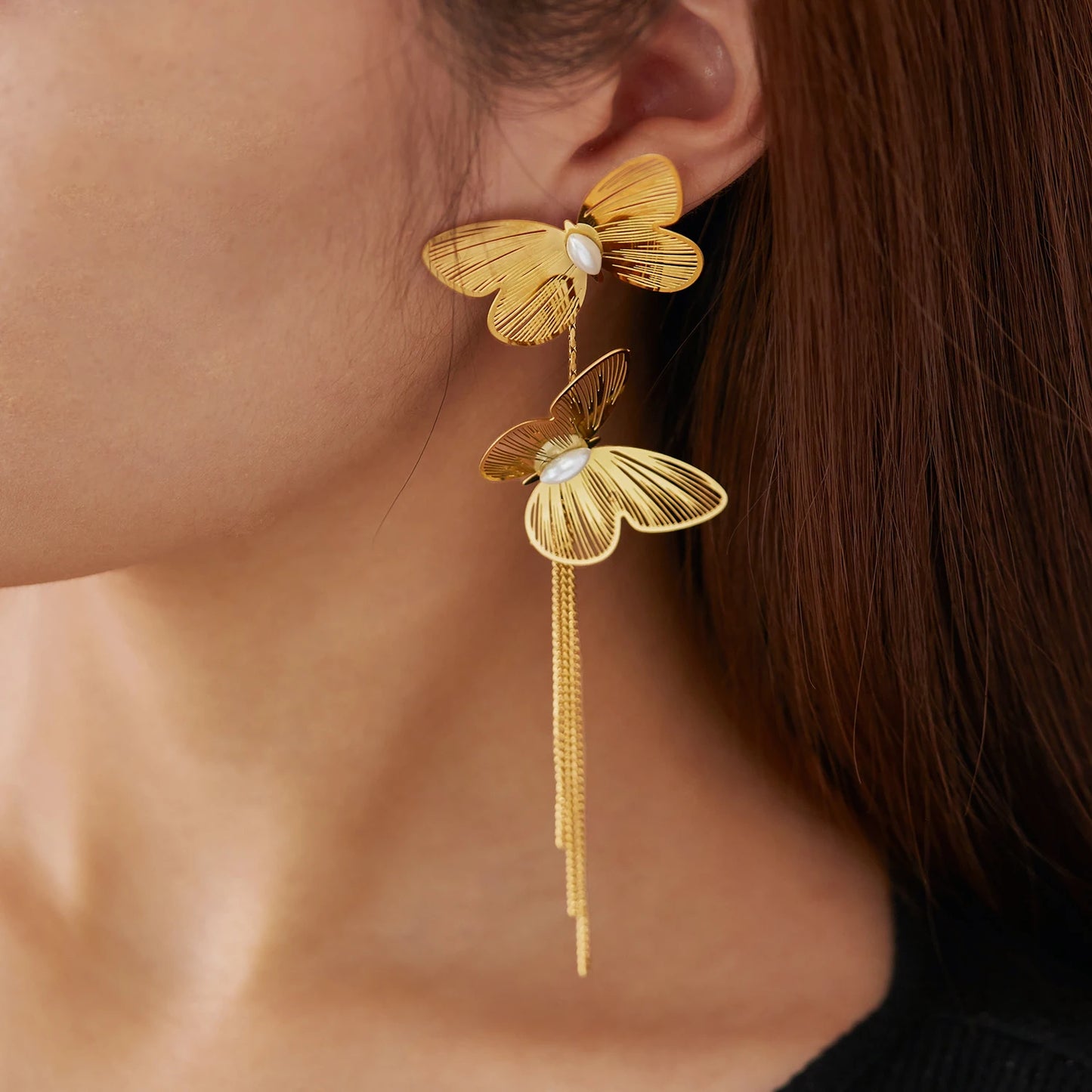Luxury French Style Butterfly Tassel Earrings for Women โ Bold Stainless Steel Titanium Statement Jewelry