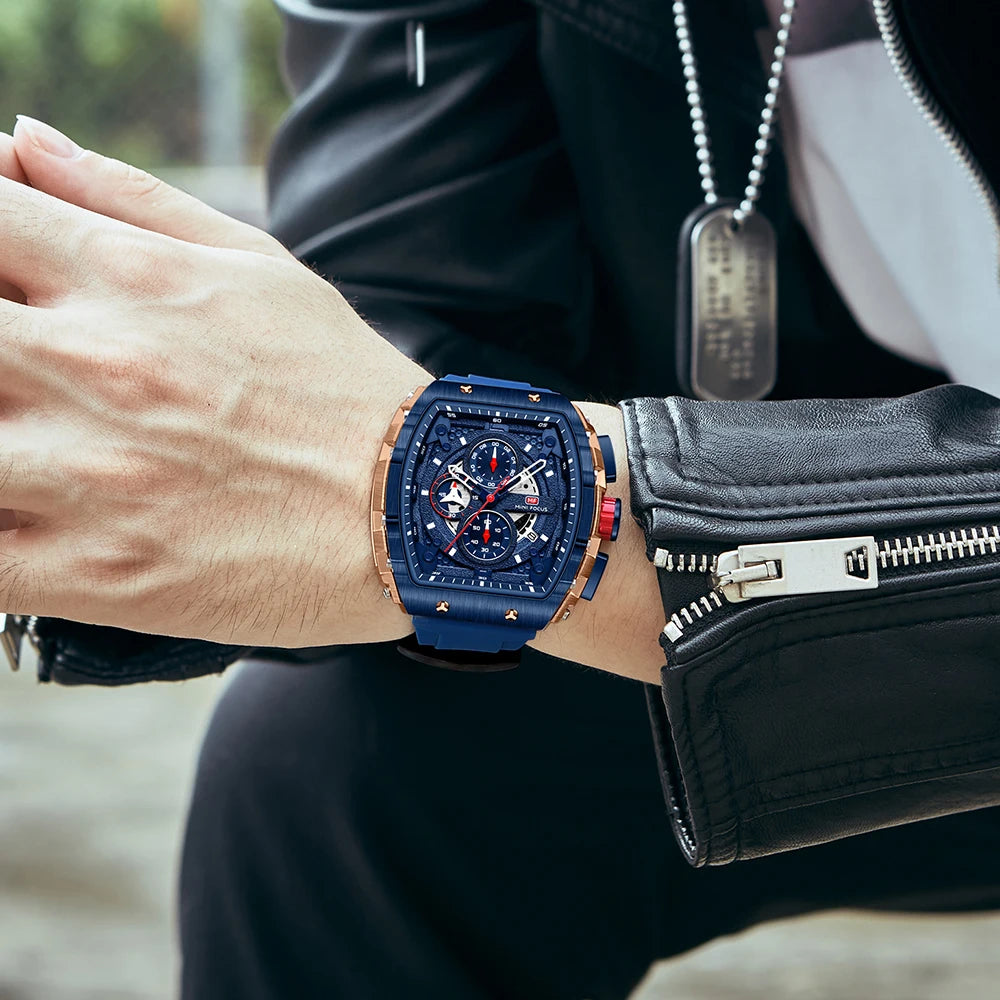 MINIFOCUS Luxury Mens Sports Watch Barrel Curved Glass Waterproof Luminous Automatic Analog Wristwatch for Outdoor & Business