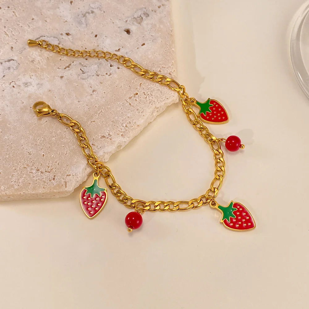 Fruit Charm Bracelet for Women – Stainless Steel Cherry Strawberry Enamel Titanium Steel Fashion Jewelry
