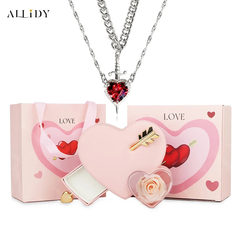 Gothic Romance Valentine's Day Necklace Red Crystal Love Dagger Necklace Couple Chain Pendant Punk Choker Rose Jewelry Gifts Box