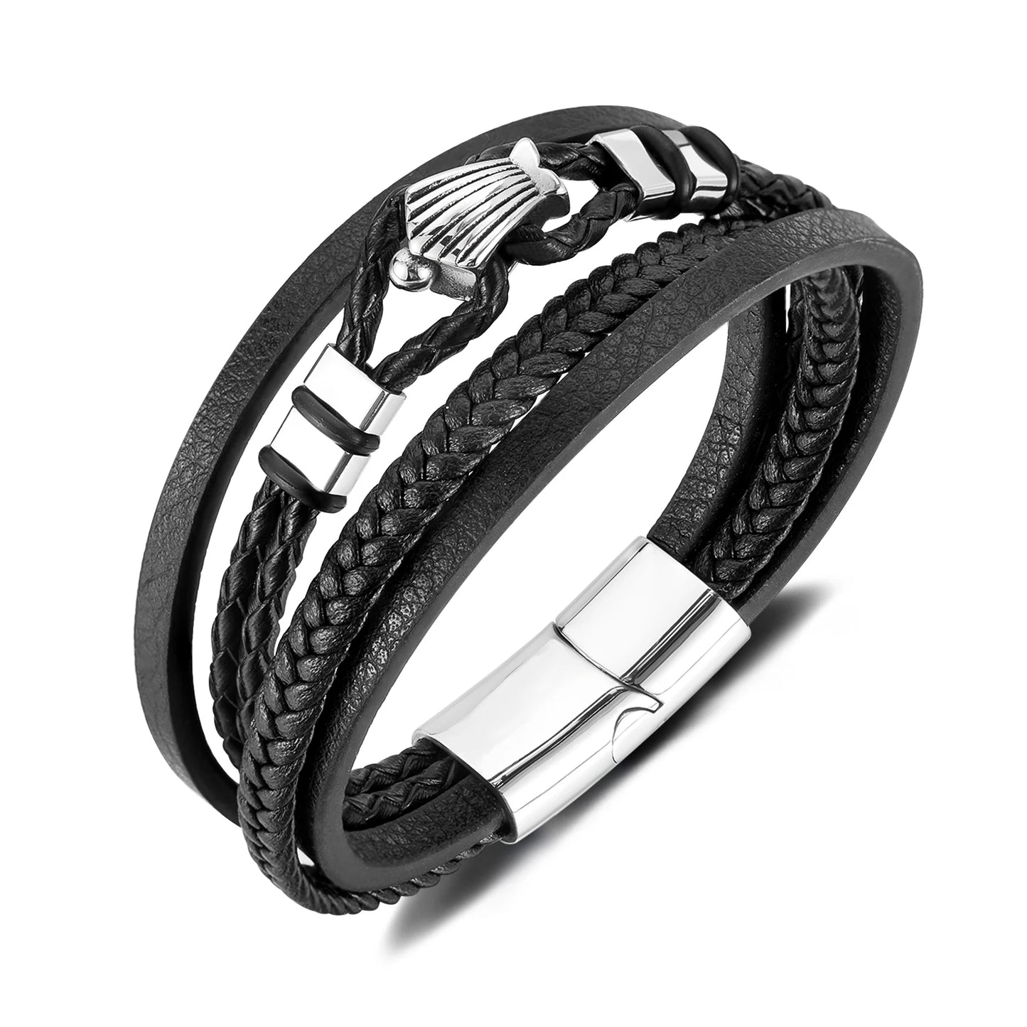 Men’s Punk Style Leather Bracelet – Multi-Layer Braided Wristband with Stainless & Titanium Steel, Bold Fashion Design