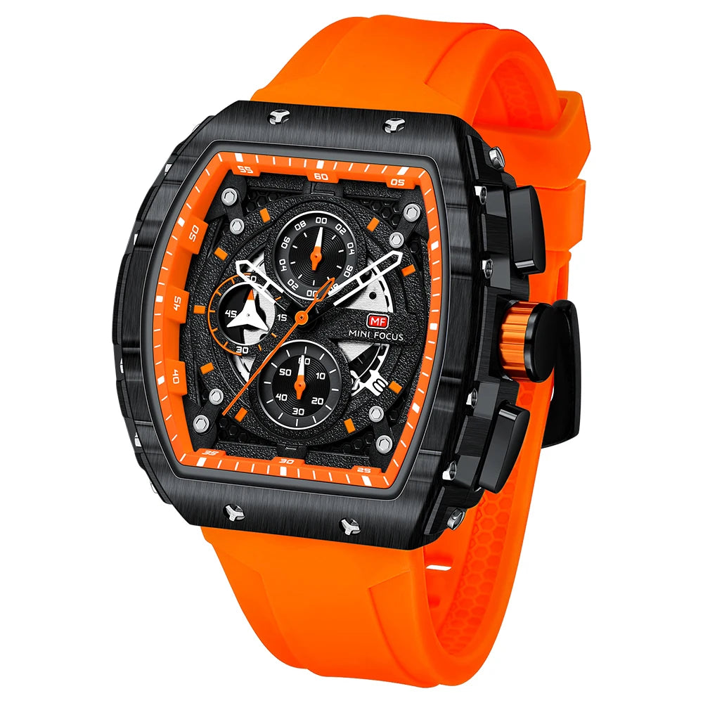 MINIFOCUS Luxury Men's Sports Watch Barrel Curved Glass Waterproof Luminous Automatic Analog Watch for Outdoor & Business