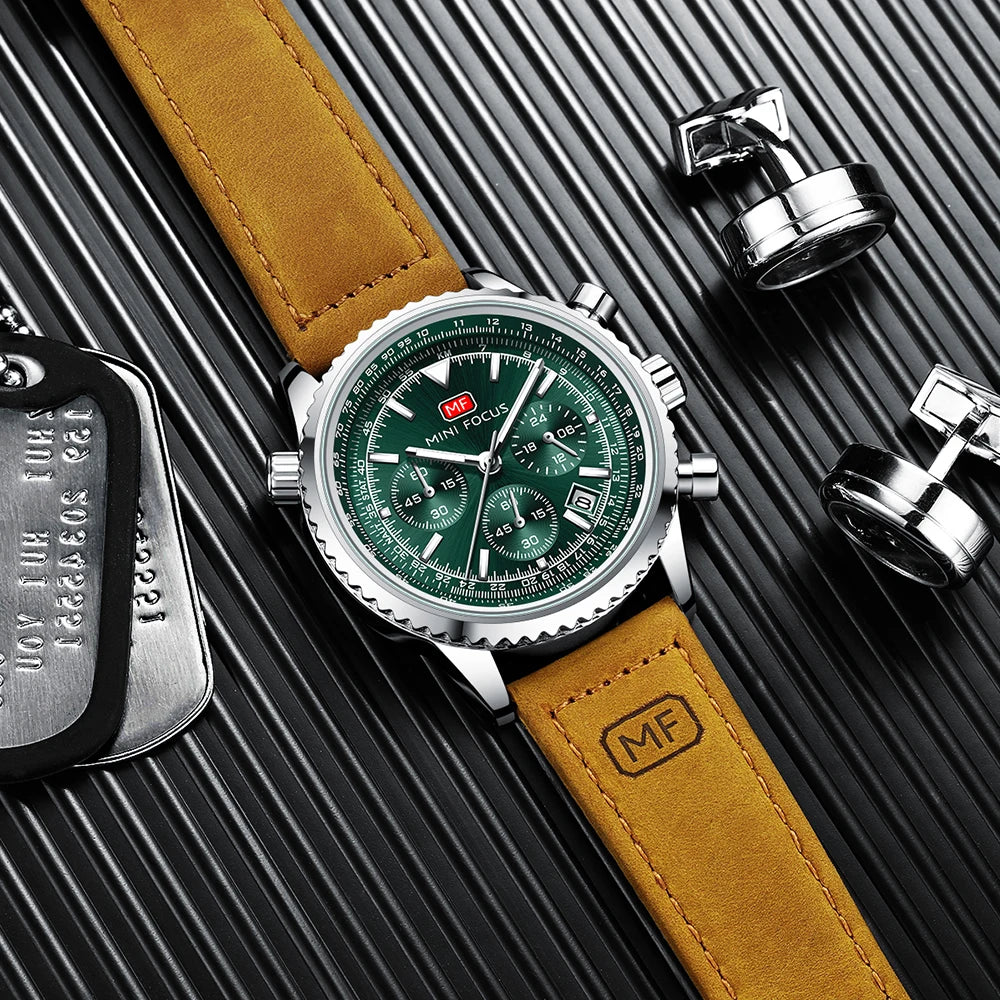 MINIFOCUS Mens Multifunction Quartz Watch Aviation Chronograph Genuine Leather Strap Water Resistant Luminous Fashion Casual