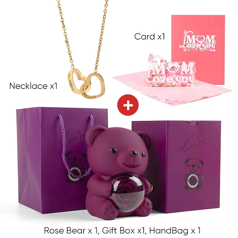 2025 New Beautiful 3D Mother's Day Card Roses Teddy Bear and Necklace Best Personalized Unique Mother’s Day Gifts for Mom
