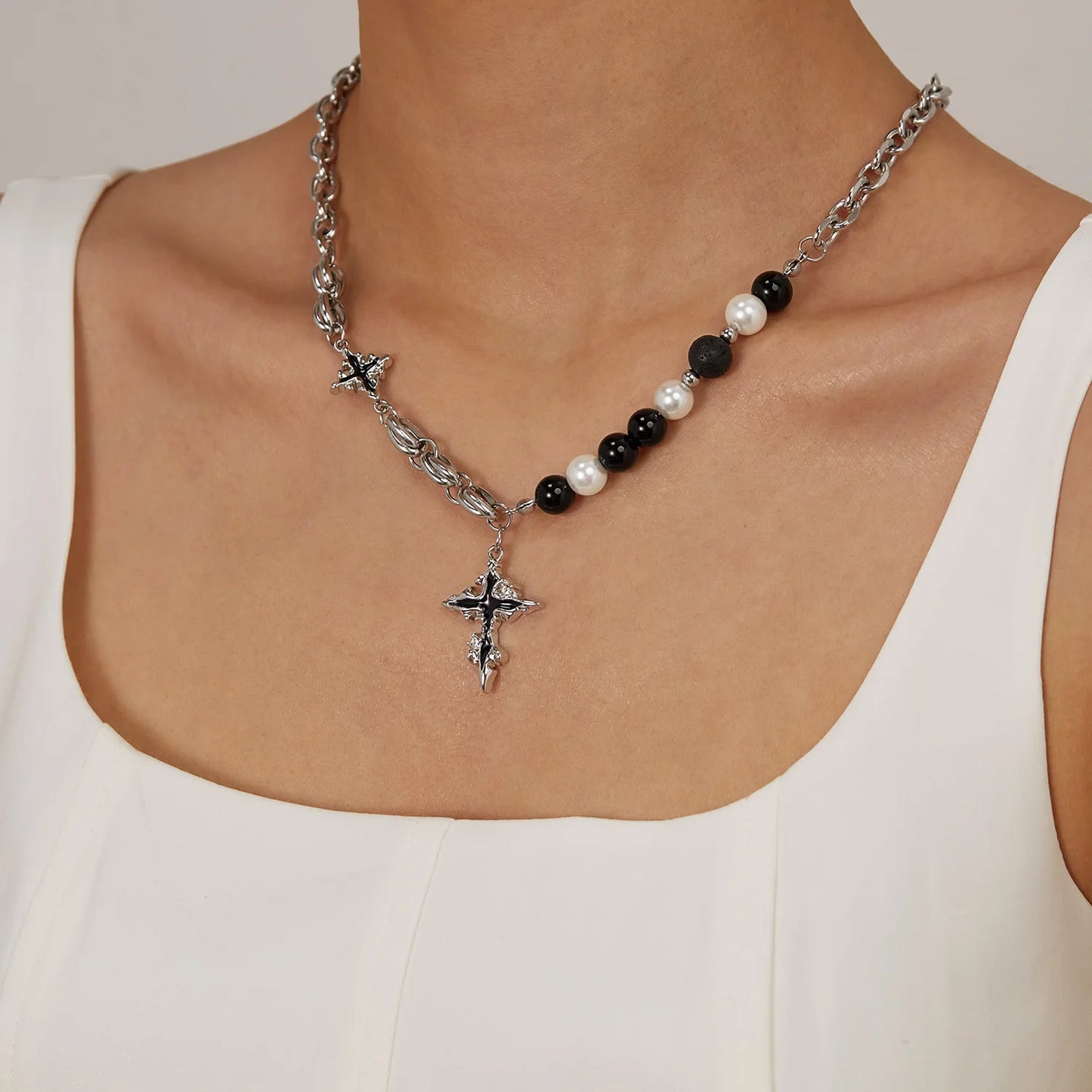 Unisex Cross Pendant Necklace – Stainless Steel with Volcanic Stone & Pearl Beads, Hip Hop Street Style