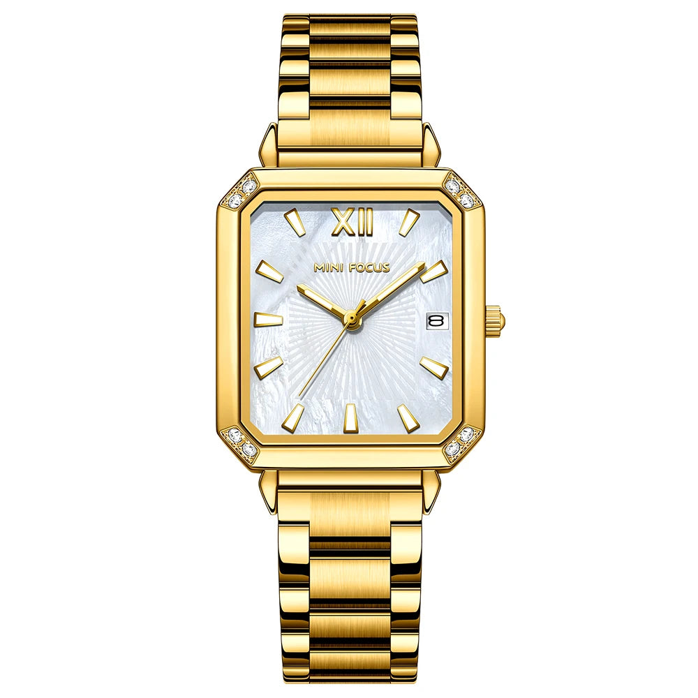 MINIFOCUS Women's Luxury Mini Square Watch Mother-of-Pearl Dial Luminous Stainless Steel Band Fashion Watch Gift for Women