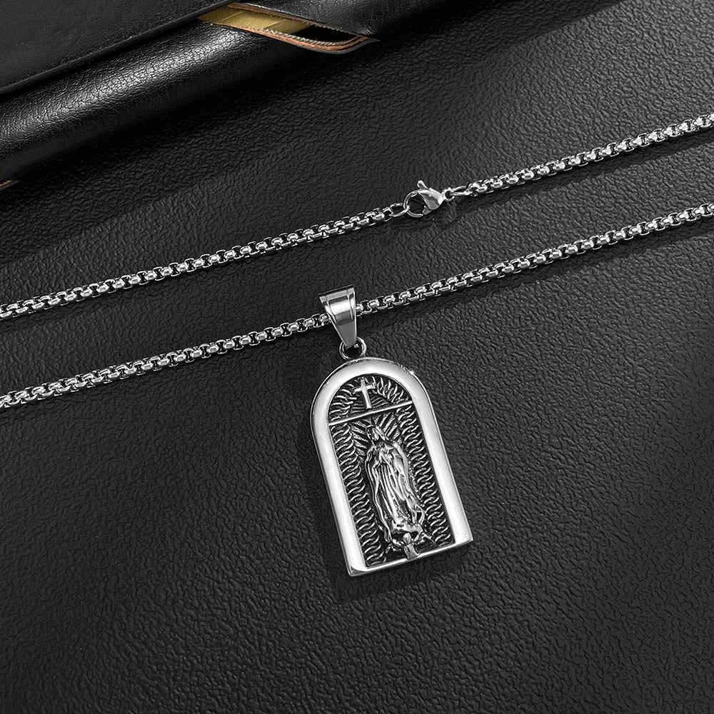 Men’s Retro Punk Cross & Geometric Block Pendant Necklace – Stainless Steel Titanium Hip Hop Jewelry
