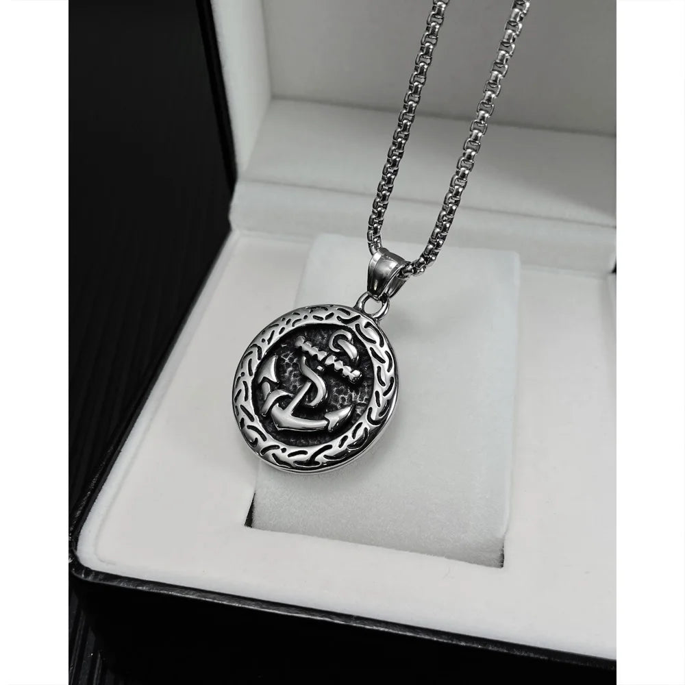 Men’s Anchor Pendant Necklace – Korean Hip Hop Style Stainless Steel Round Tag Jewelry