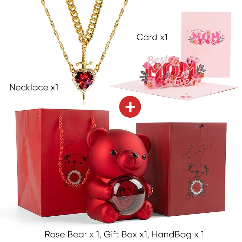 Mother's Day 3D Card Red Zircon Heart and Sword Necklace Double Necklace Real Rose Hug Bear Mothers Day Jewelry Gift Set for Mom