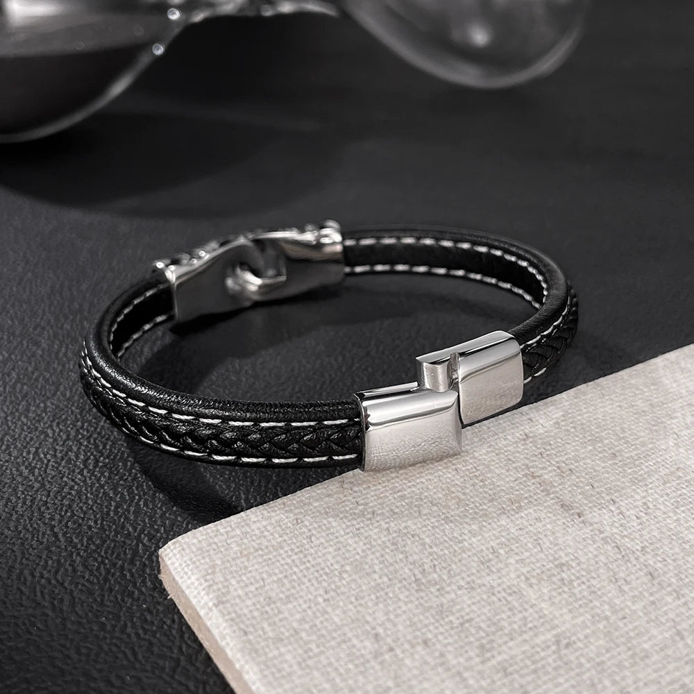 Men’s Punk Style Braided Leather Bracelet – Fashion Stainless & Titanium Steel Wristband, Bold European Street Design