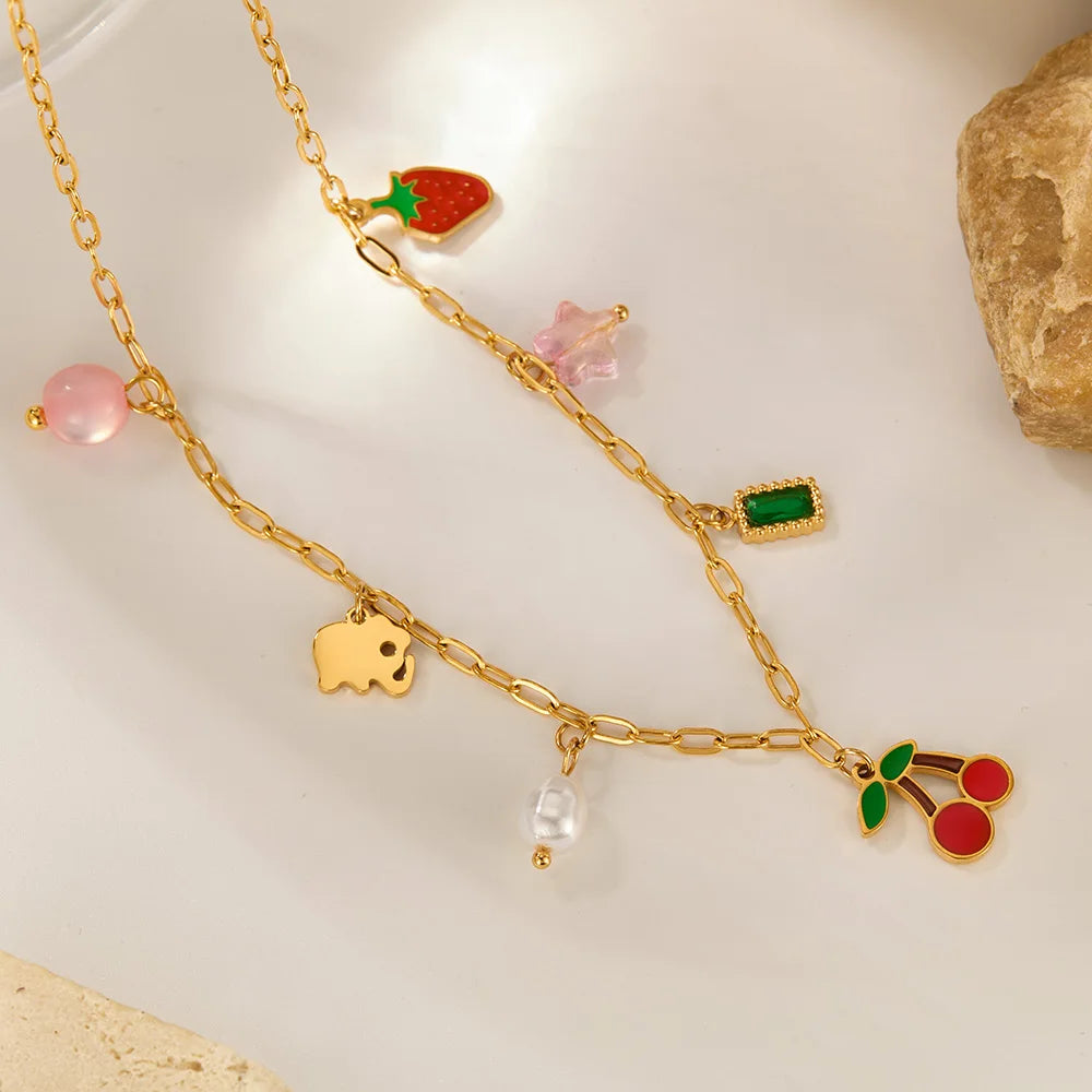 Trendy Cherry Pendant Necklace for Women – Stainless Steel Multi-Charm Aesthetic Clavicle Chain
