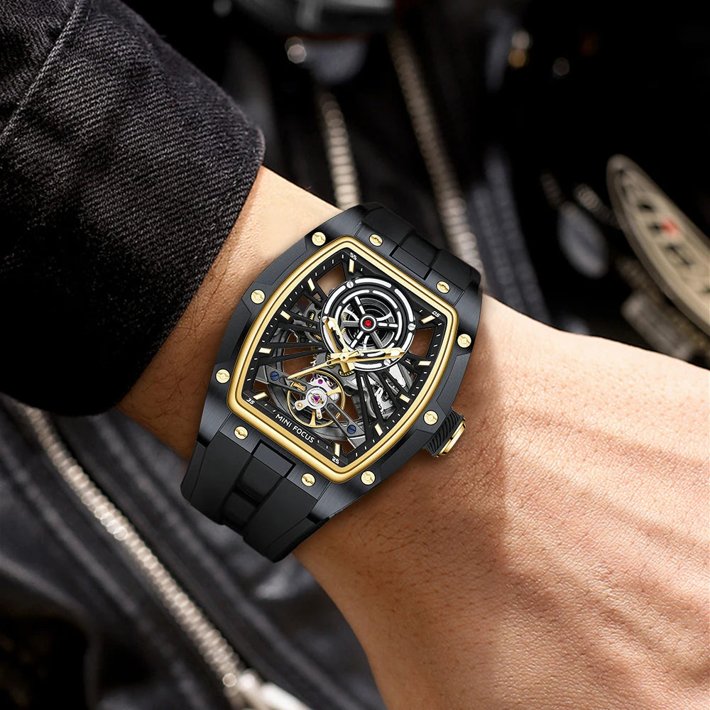 MINIFOCUS Men's Bestseller Barrel Automatic Mechanical Watch Full Skeleton Stainless Steel Case Trendy Fathers Day Gift for Him