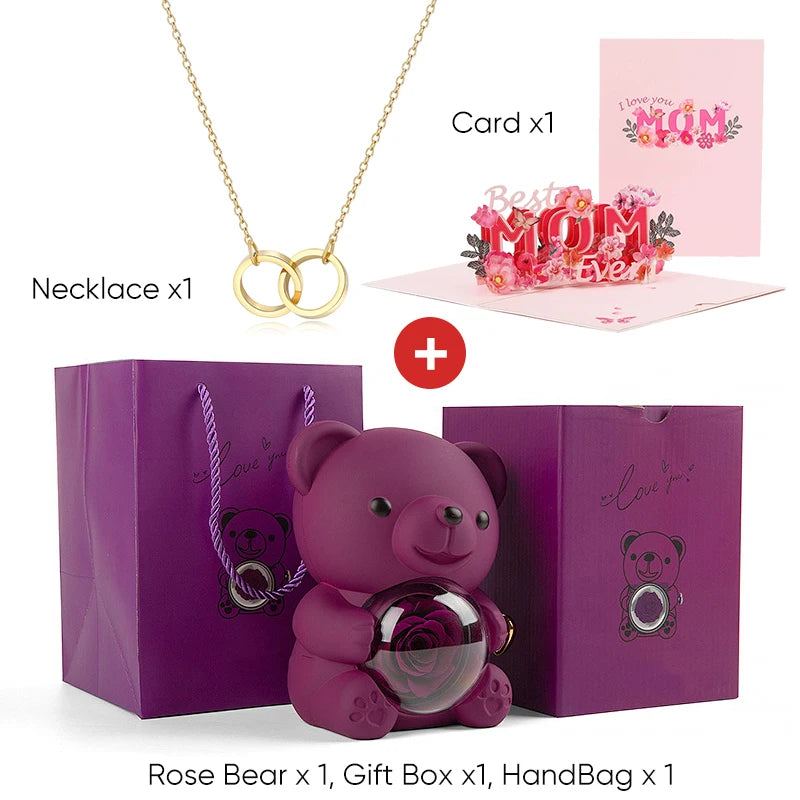 Mother's Day Gift Set Personalized Custom Necklace & Eternal Rose Teddy Bear and Beautiful Card Unique Jewelry Gift for Mom