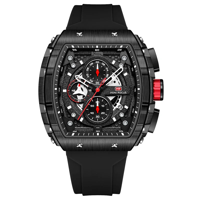 MINIFOCUS Luxury Men's Sports Watch Barrel Curved Glass Waterproof Luminous Automatic Analog Watch for Outdoor & Business