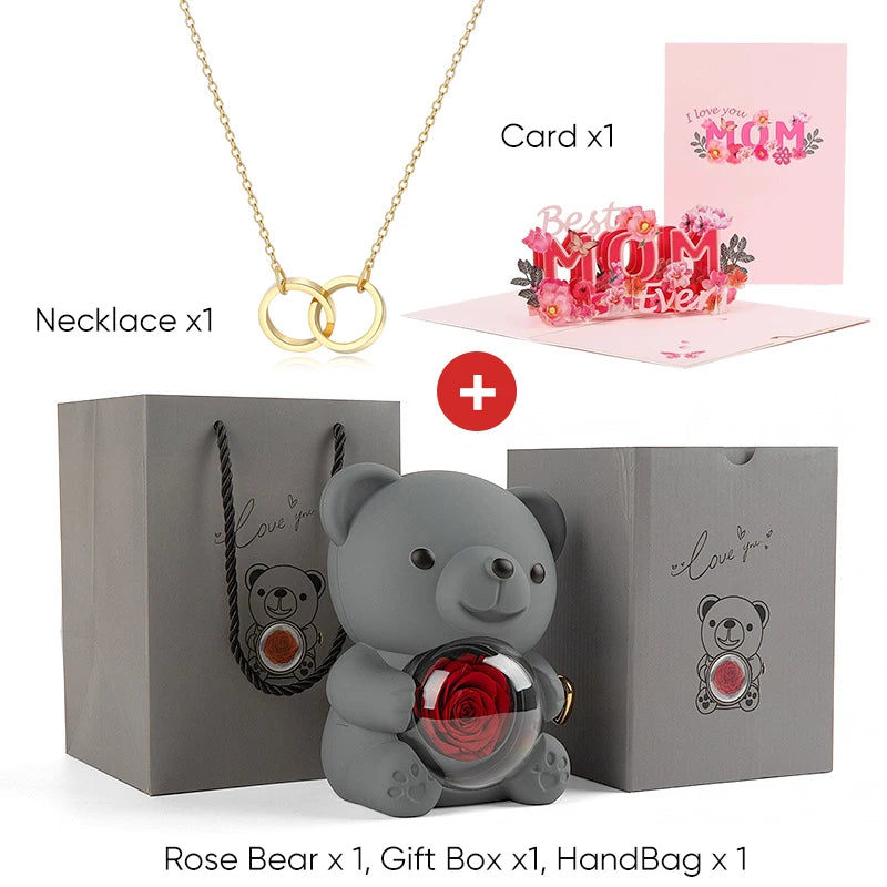 Mother's Day Gift Set Personalized Custom Necklace & Eternal Rose Teddy Bear and Beautiful Card Unique Jewelry Gift for Mom