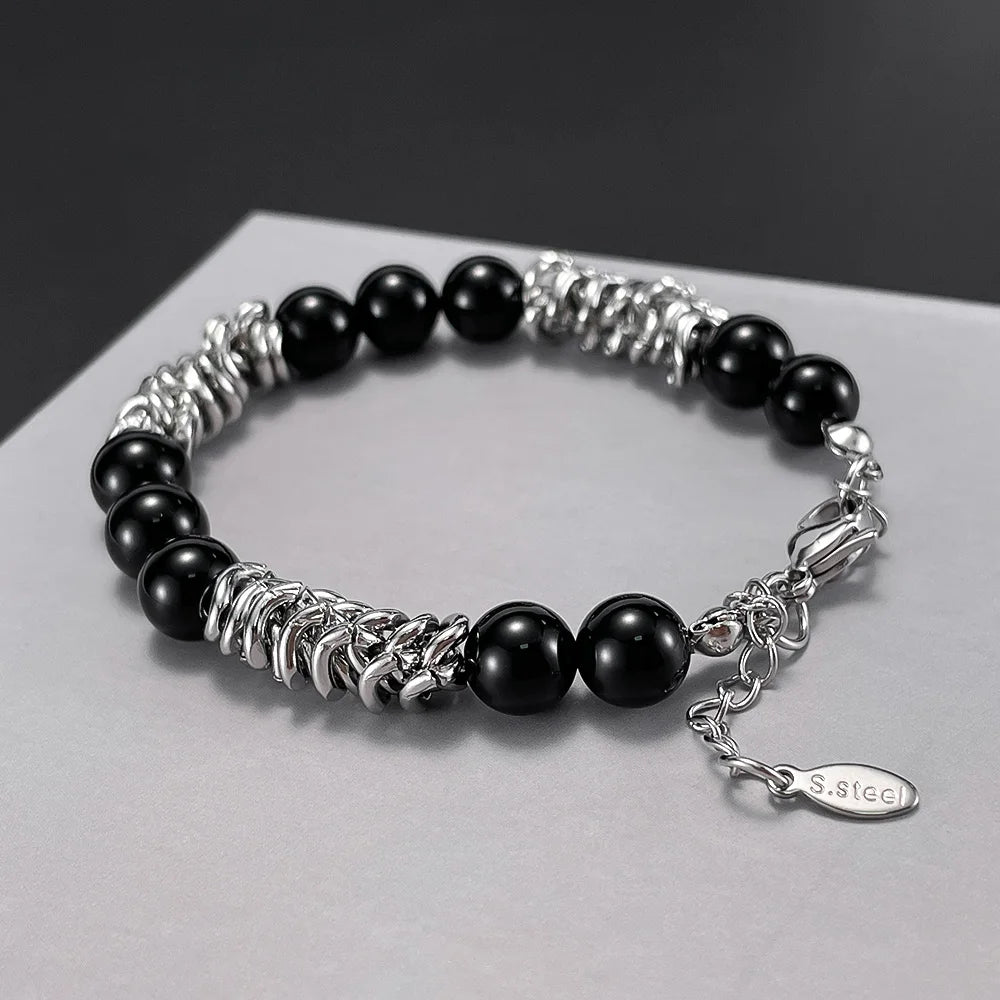 Unisex Black Glass Bead Bracelet – Minimalist Titanium Steel Wristband, High-End Stainless Steel Jewelry for Men & Women