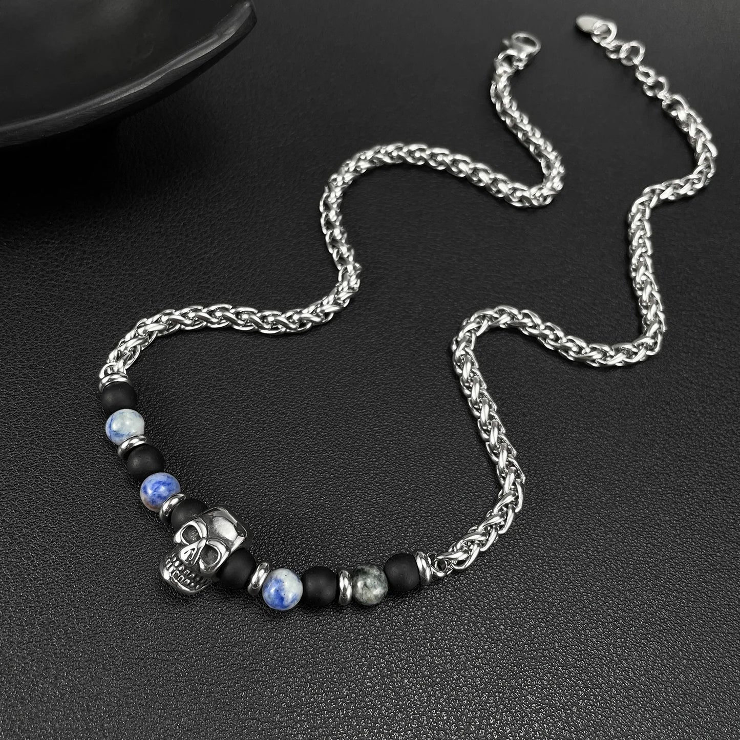 Men’s Skull Pendant Necklace – Stainless Steel Blue Dot Stone & Matte Beads Gothic Punk Jewelry
