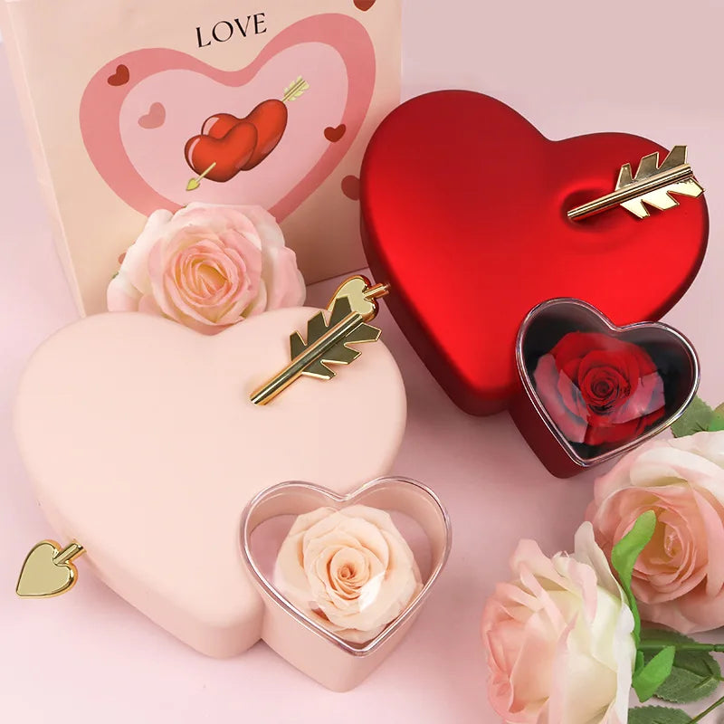 New Two-Tone Gemstone Inlaid Heart Pendant Necklace and Rose Jewelry Gift Box for Valentine's, Mother's Day, Birthday Gift Set