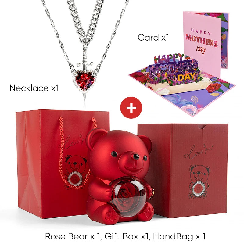 Mother's Day 3D Card Red Zircon Heart and Sword Necklace Double Necklace Real Rose Hug Bear Mothers Day Jewelry Gift Set for Mom