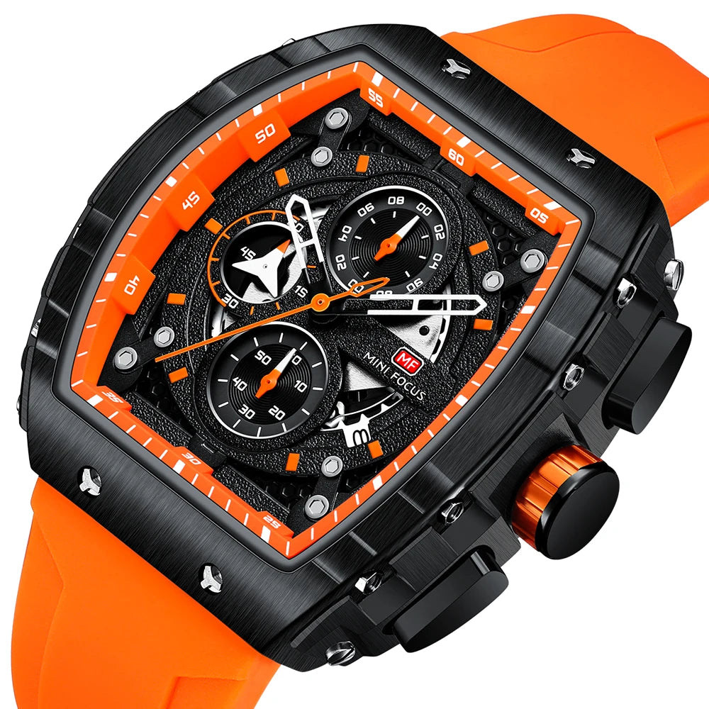 MINIFOCUS Luxury Men's Sports Watch Barrel Curved Glass Waterproof Luminous Automatic Analog Watch for Outdoor & Business