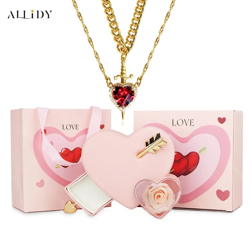 Gothic Romance Valentine's Day Necklace Red Crystal Love Dagger Necklace Couple Chain Pendant Punk Choker Rose Jewelry Gifts Box
