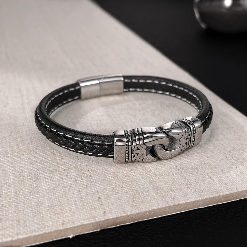 Men’s Punk Style Braided Leather Bracelet – Fashion Stainless & Titanium Steel Wristband, Bold European Street Design