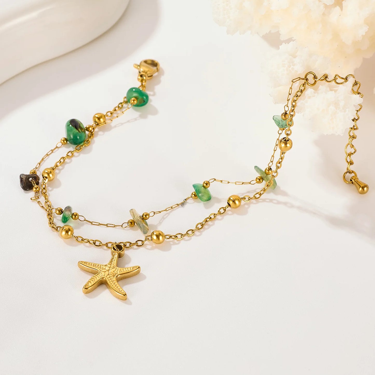 Boho Starfish Natural Stone Double Layer Bracelet for Women – Stainless Steel Minimalist Titanium Chain Jewelry