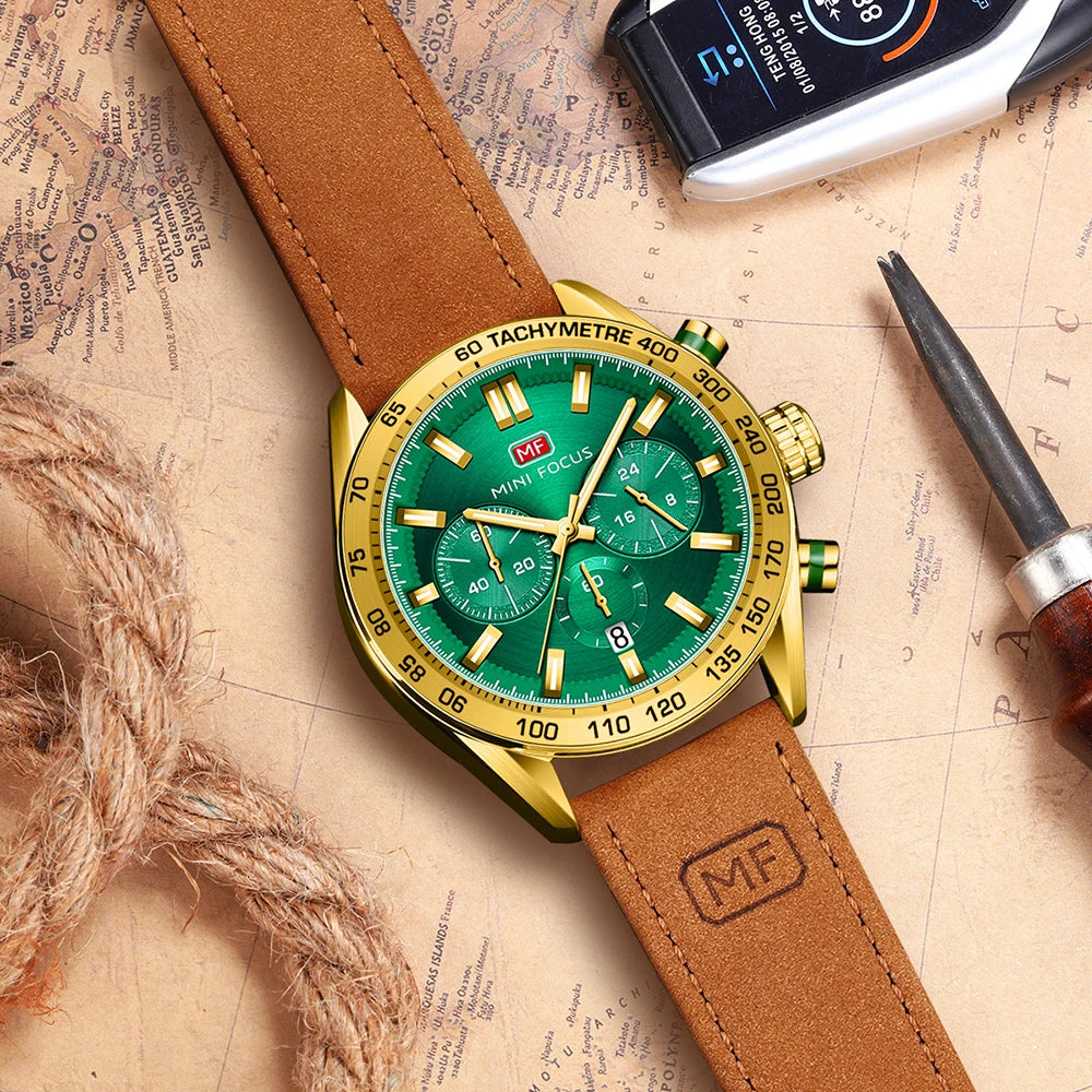 MINIFOCUS Men’s Casual Quartz Watch Genuine Crazy Horse Leather Strap Luminous Waterproof Fashion Timepiece Watch Gift for Him