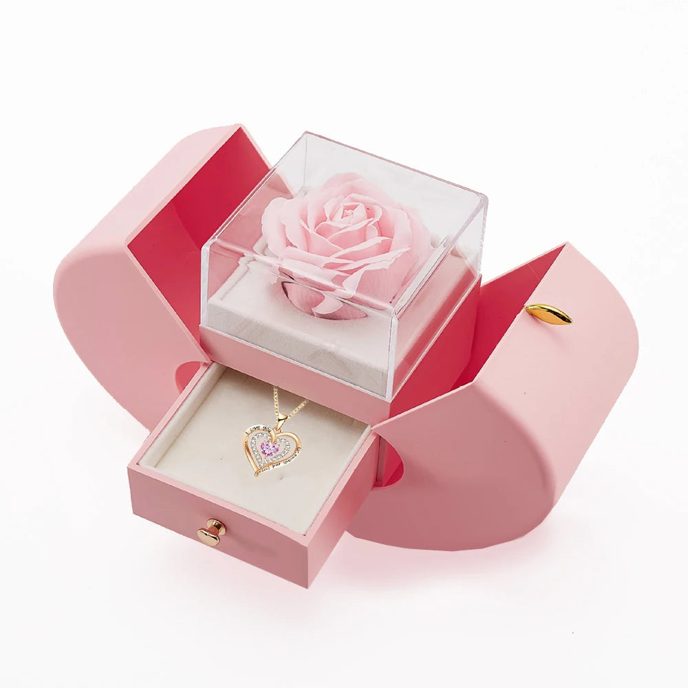 Hot Romantic Sakura Pink Eternal Rose Jewelry Box & Heart Gemstone Stainless Steel Necklace Mother's Day Surprise Gift for Women