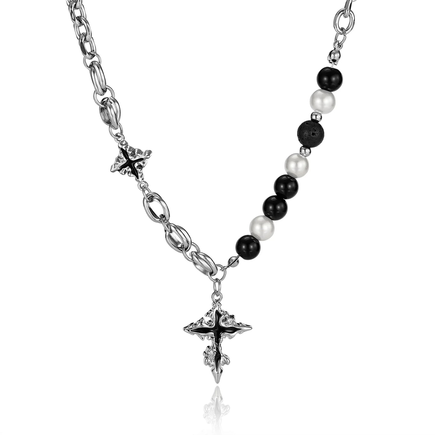 Unisex Cross Pendant Necklace – Stainless Steel with Volcanic Stone & Pearl Beads, Hip Hop Street Style