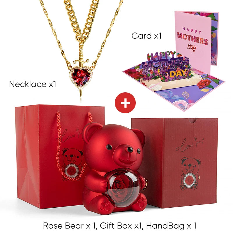Mother's Day 3D Card Red Zircon Heart and Sword Necklace Double Necklace Real Rose Hug Bear Mothers Day Jewelry Gift Set for Mom