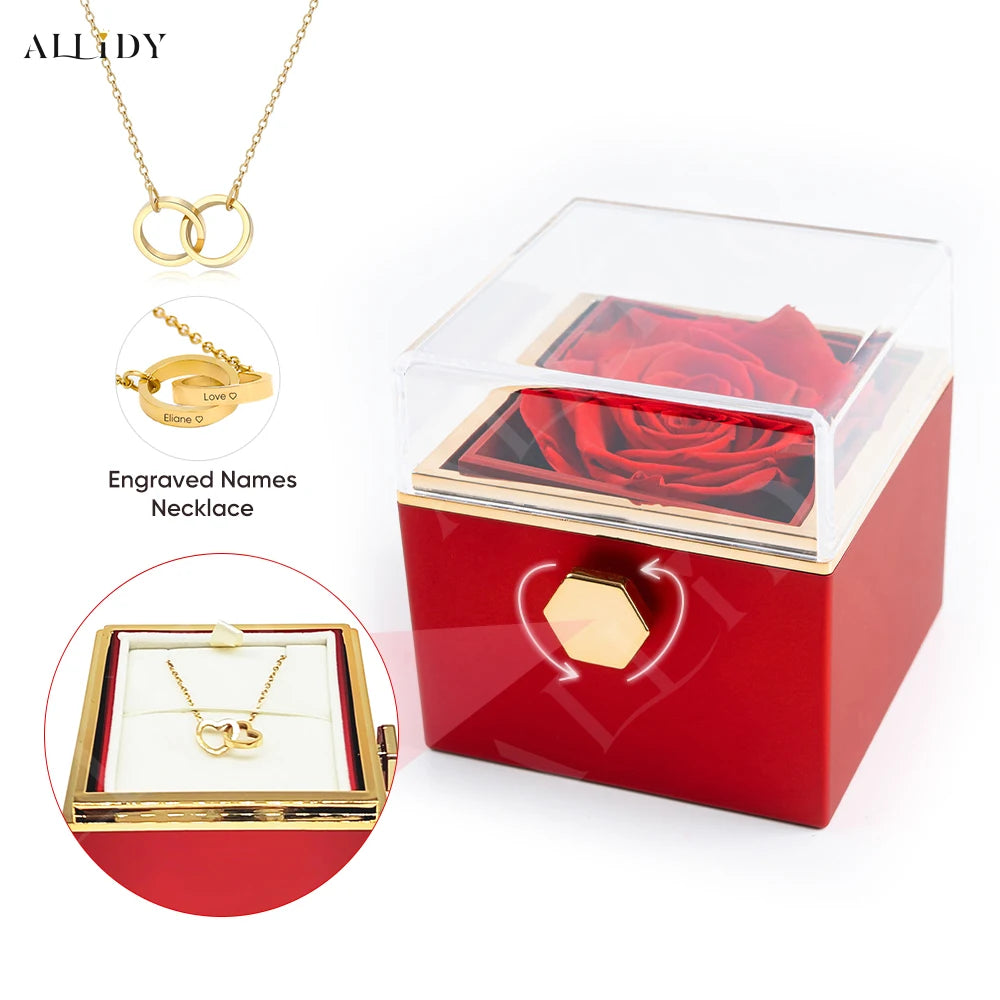 2025 New Valentine Eternal Rose Jewelry Ring Box Rotate Wedding Pendant Necklace Storage Case for Women Girlfriend