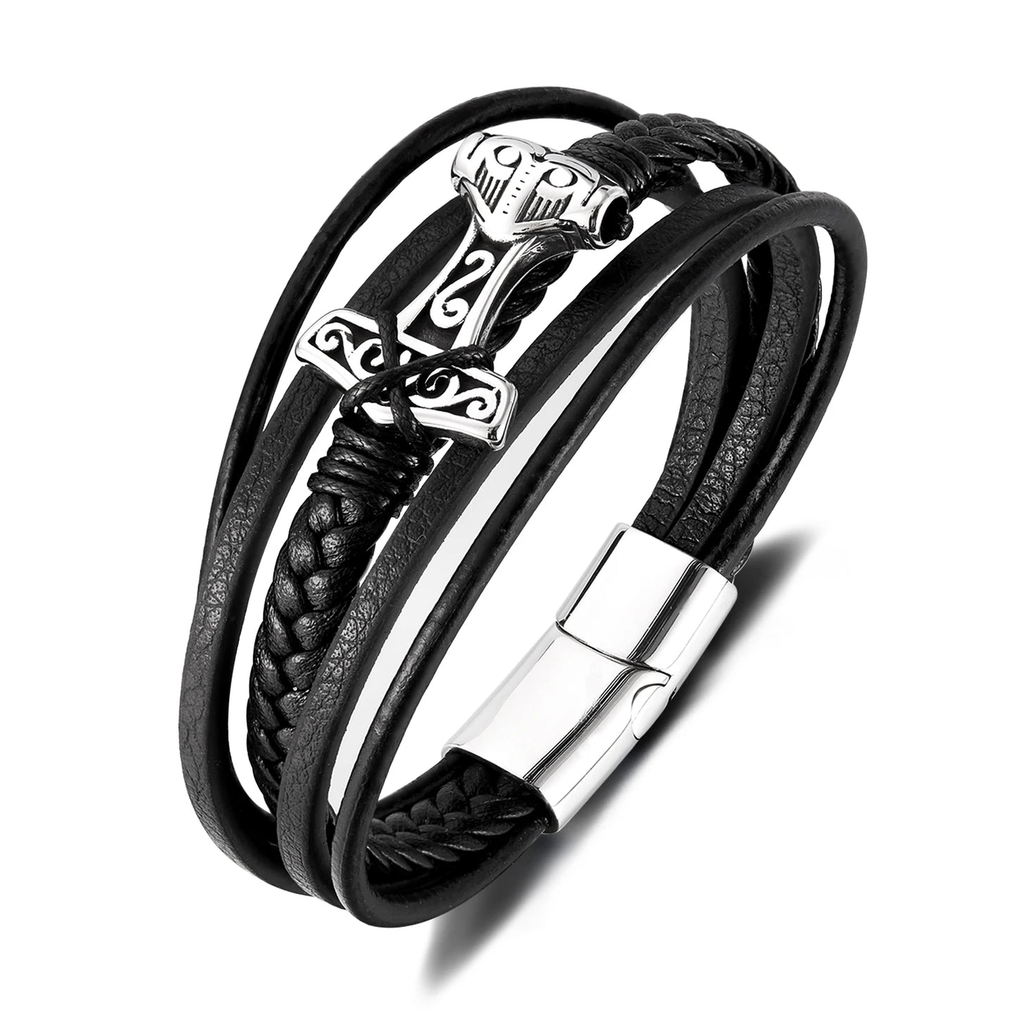 Men’s Vintage Geometric Leather Bracelet – Multi-Layer Braided Wristband with Stainless Steel Accents, Retro European Style