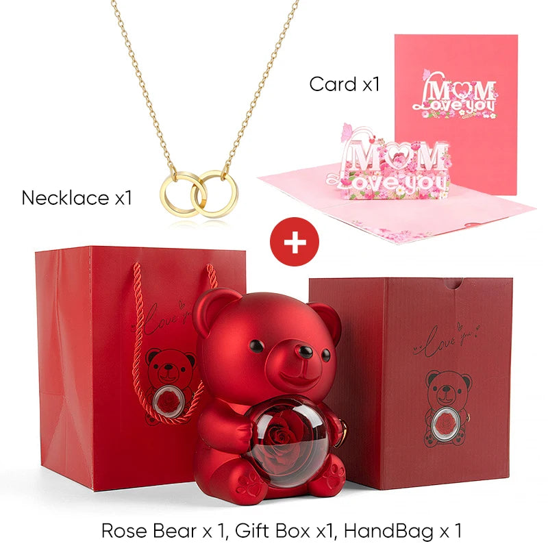 Mother's Day Gift Set Personalized Custom Necklace & Eternal Rose Teddy Bear and Beautiful Card Unique Jewelry Gift for Mom