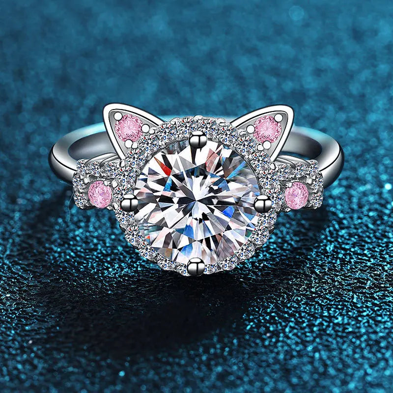 925 Sterling Silver Cute Cat Ear Design Artificial Zircon Ring with Eternal Rose Jewelry Gift Box Set for Girl Women