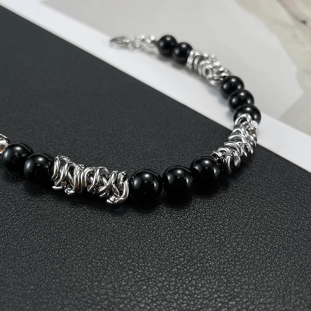 Unisex Black Glass Bead Bracelet – Minimalist Titanium Steel Wristband, High-End Stainless Steel Jewelry for Men & Women