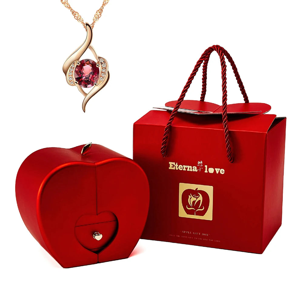 Creative Mother's Day Gift Set Eternal Rose Jewelry Box & Red Gemstone Stainless Steel Necklace Surprise Gift for Mom