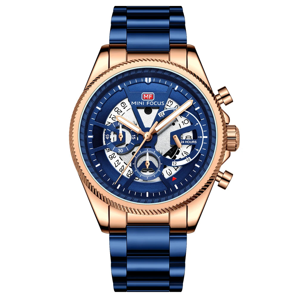 MINIFOCUS Men’s Skeleton-Style Quartz Watch Multifunction Waterproof Stainless Steel Business Sport Wristwatch Father’s Day Gift