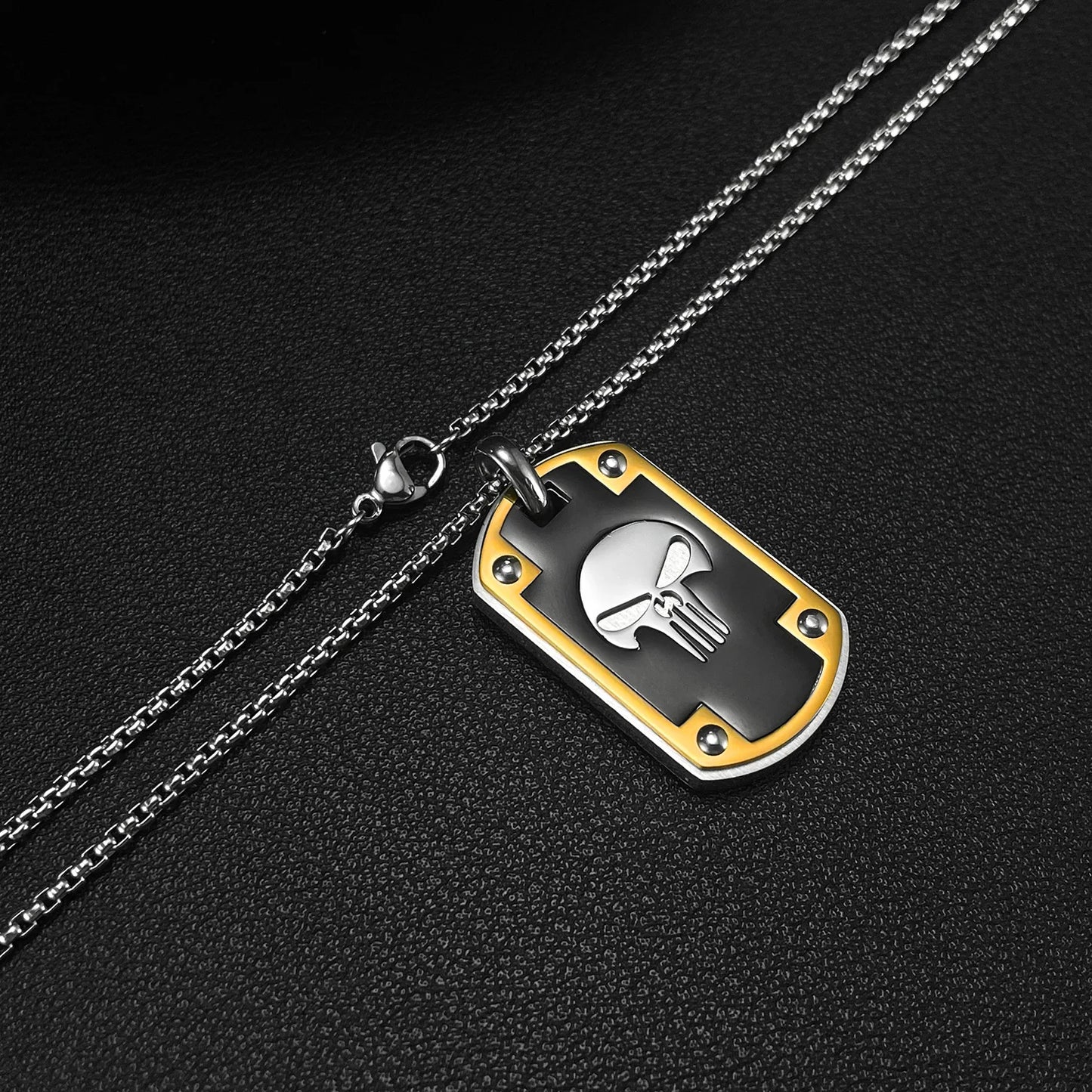 Men’s Skull Dog Tag Pendant Necklace – Hip Hop Military Style Stainless Steel Chain