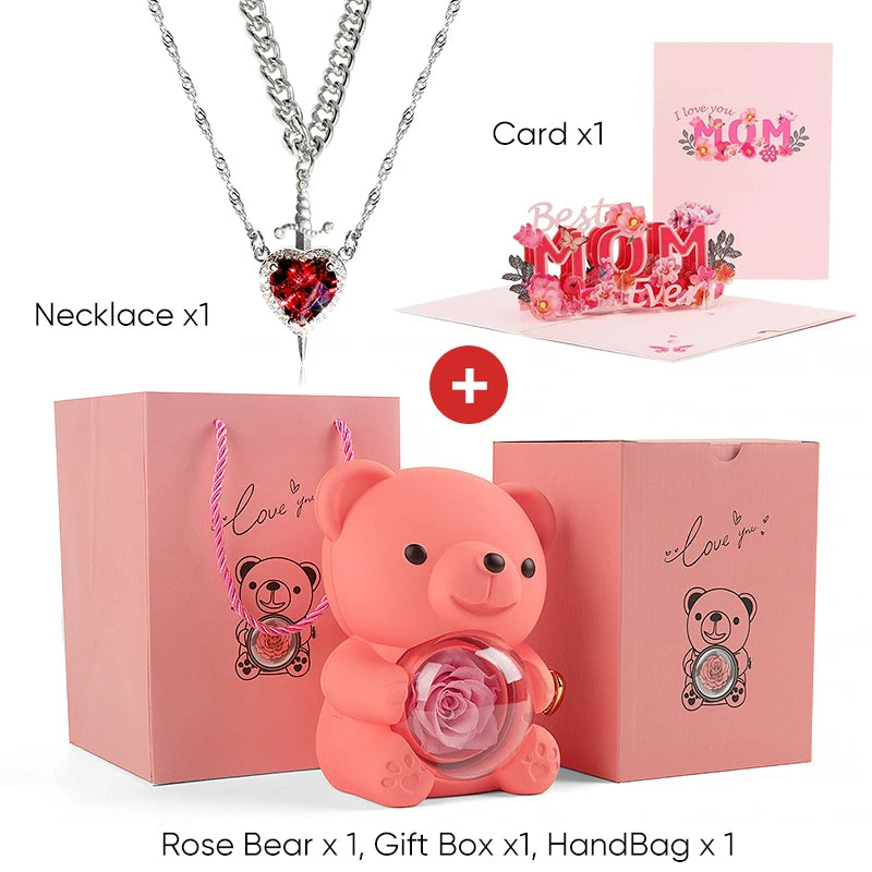 Mother's Day 3D Card Red Zircon Heart and Sword Necklace Double Necklace Real Rose Hug Bear Mothers Day Jewelry Gift Set for Mom