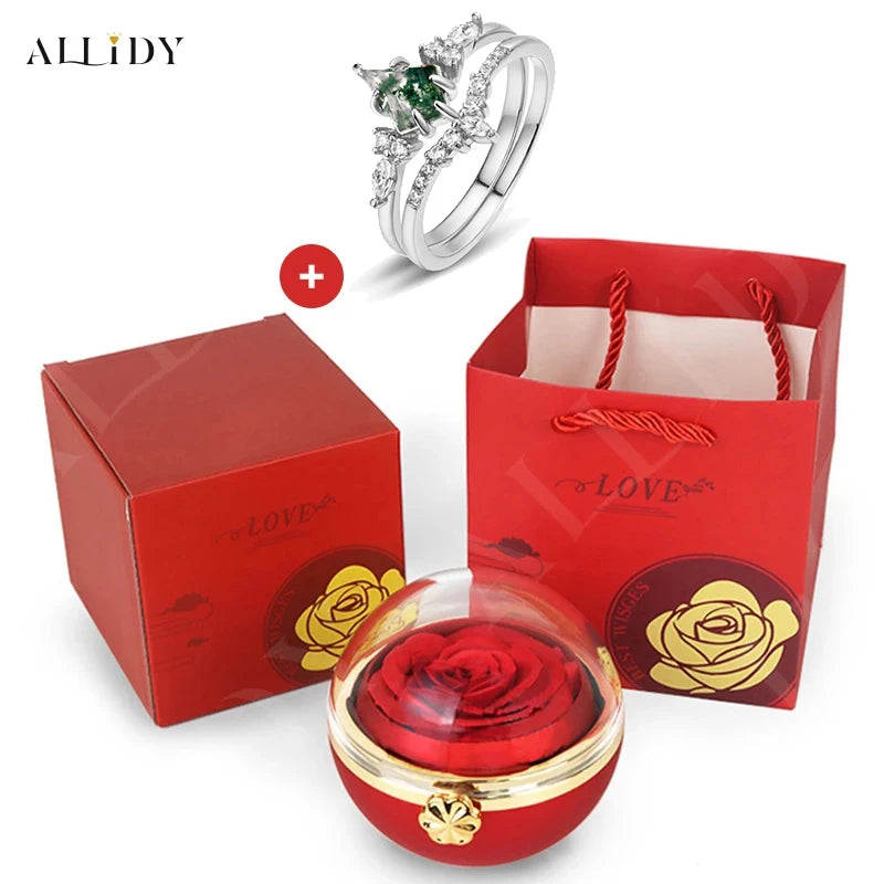 Creative Irregular Natural Green Moss Stone Aquatic Agate Retro Women's Two-Piece Ring With Real Eternal Rose Jewelry Box Set