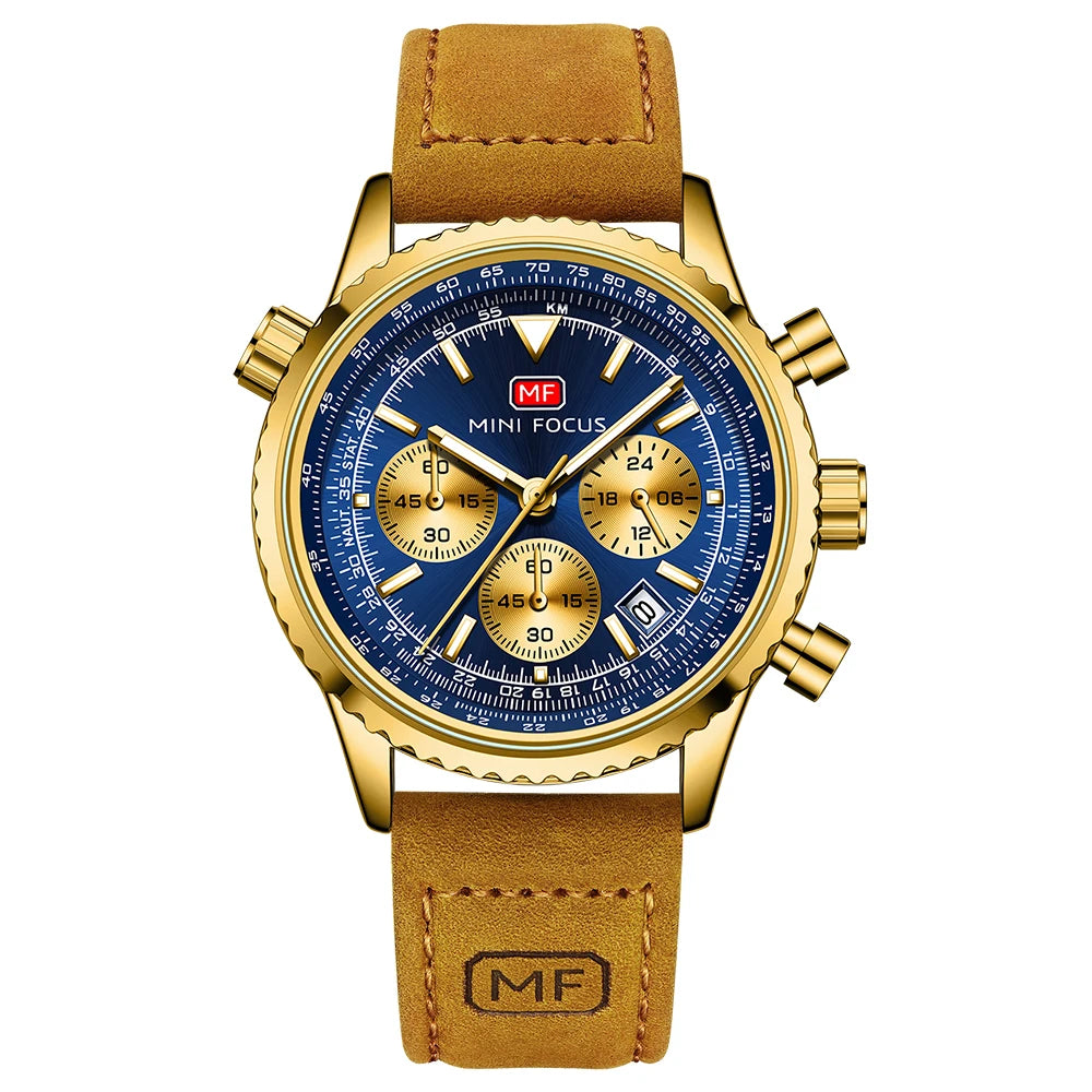 MINIFOCUS Mens Multifunction Quartz Watch Aviation Chronograph Genuine Leather Strap Water Resistant Luminous Fashion Casual
