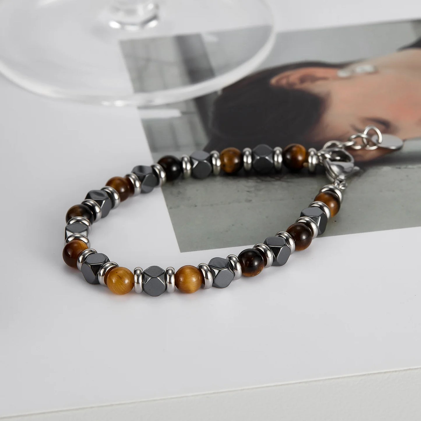 Men’s Tiger Eye & Black Onyx Beaded Bracelet – Stainless Steel Fashion Jewelry with Unique Design