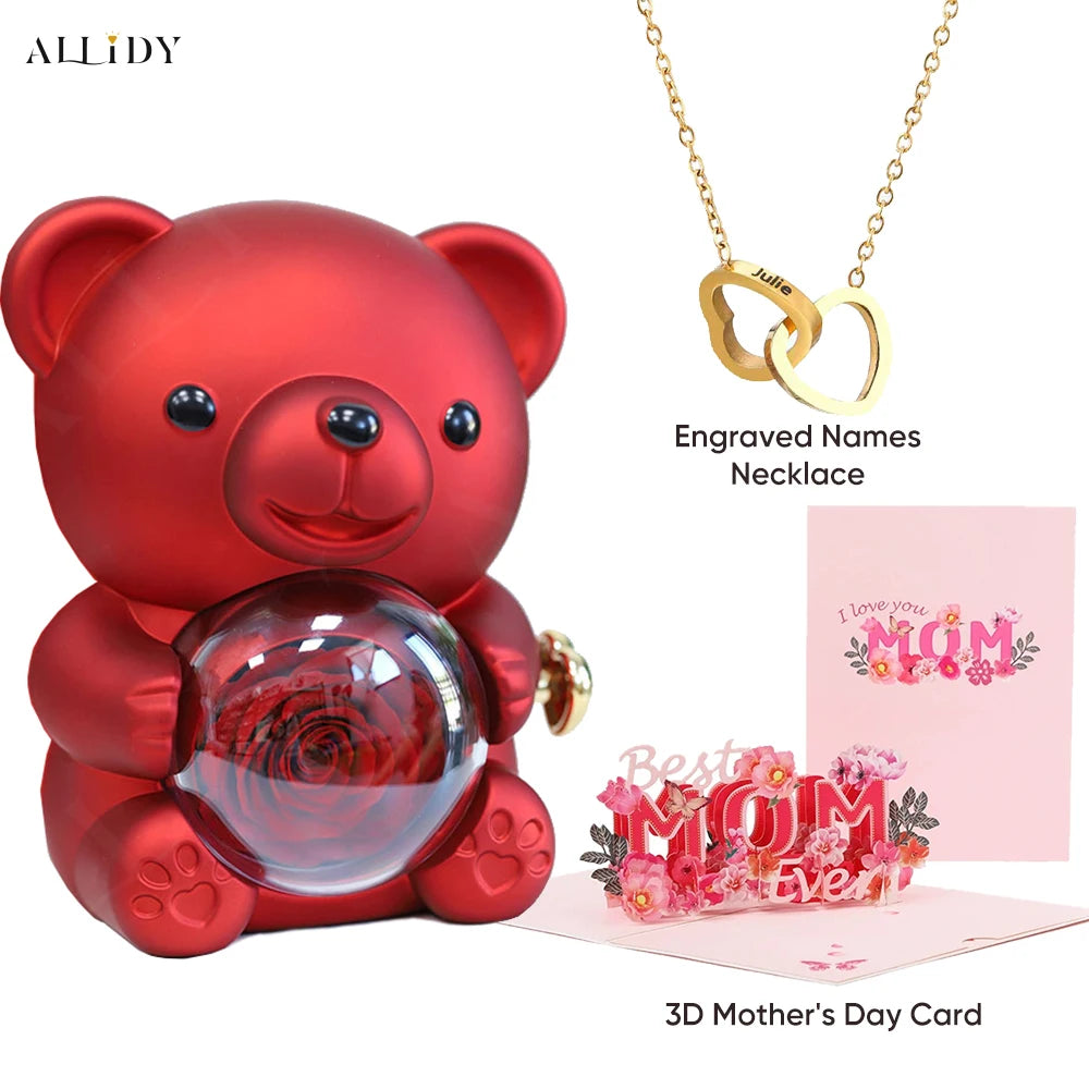 2025 New Beautiful 3D Mother's Day Card Roses Teddy Bear and Necklace Best Personalized Unique Mother’s Day Gifts for Mom