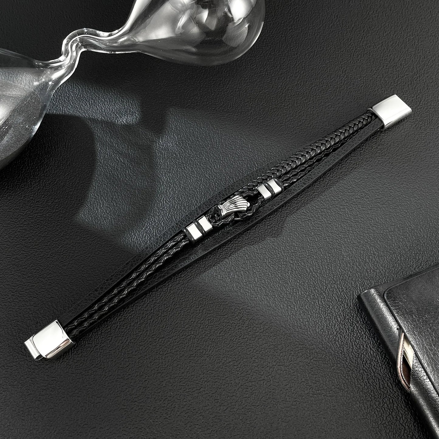 Men’s Punk Style Leather Bracelet – Multi-Layer Braided Wristband with Stainless & Titanium Steel, Bold Fashion Design