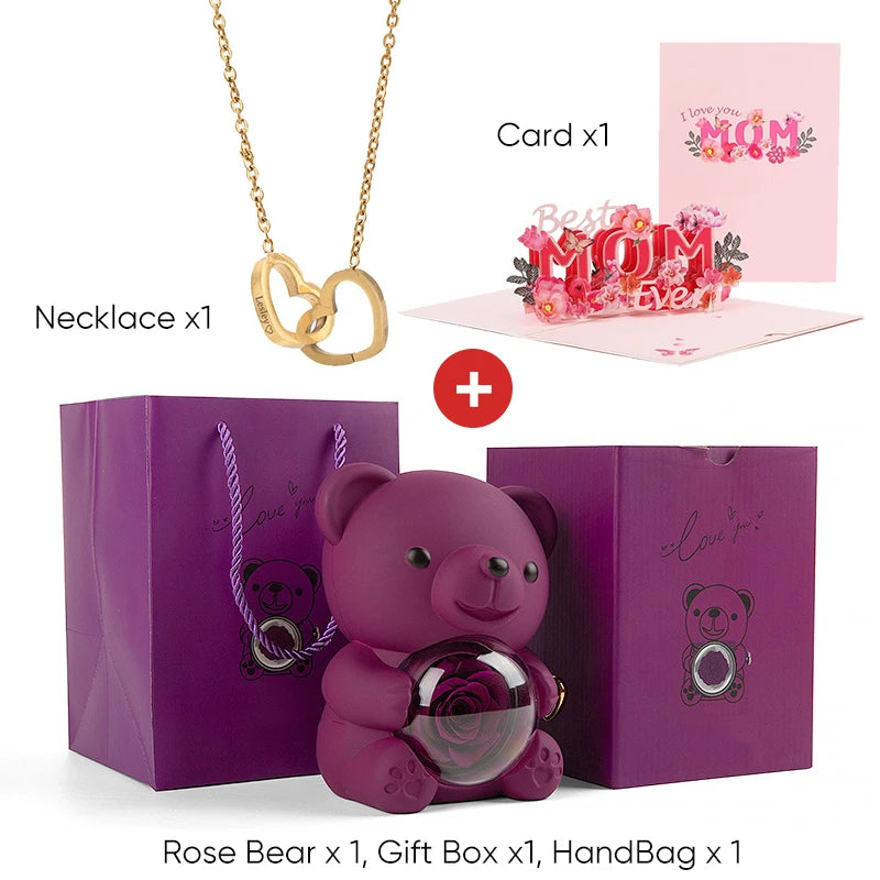 2025 New Beautiful 3D Mother's Day Card Roses Teddy Bear and Necklace Best Personalized Unique Mother’s Day Gifts for Mom