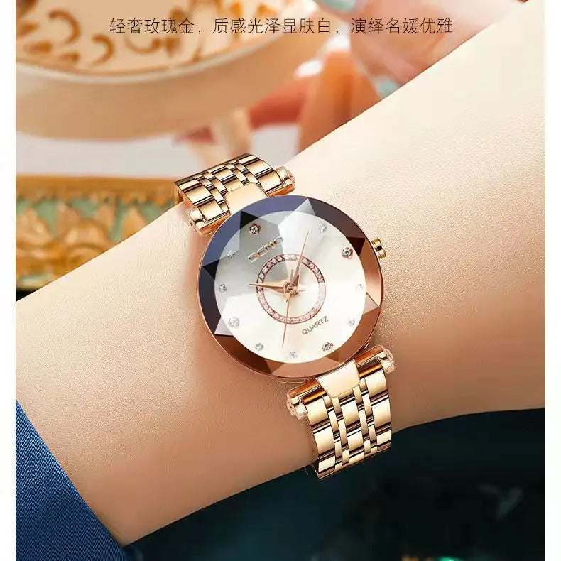 Fashion Ocean Star Women’s Watch Stainless Steel Band Gradient Glass Diamond Studded Dial Luxury Waterproof Luminous Timepiece